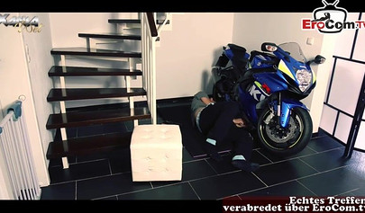 Busty German tattoed teen slut sucks and fucks next to a beautiful motorcycle