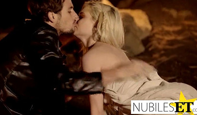 A young sexy teen girl has sex in a Game-of-thrones-like show and is cumming