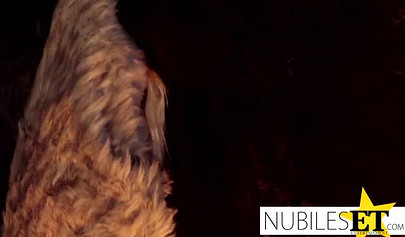 A young sexy teen girl has sex in a Game-of-thrones-like show and is cumming