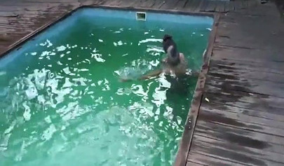 Two nasty looking teenage girls seduce a guy and share his dick in the pool