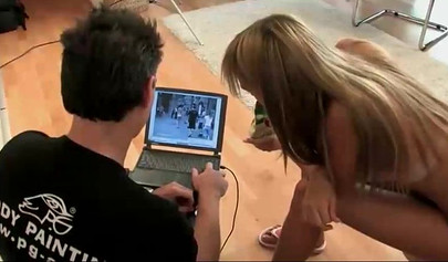 Blonde teen gets clothes painted on her body and goes out in public like that