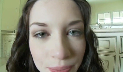 Slutty brunette teen in a hot outfit works hard to please a guy in a huge bed