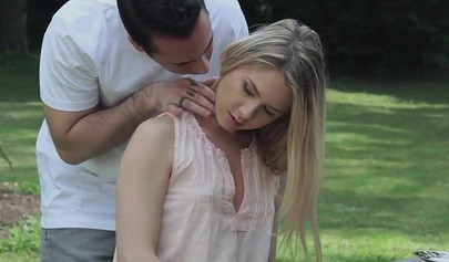 Innocent looking blonde teen fucks a hot tattoed guy outdoors over a table