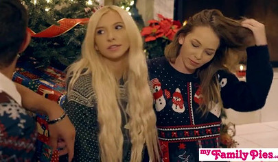 Horny pair of teenage sisters share their brother cock on Christmas evening