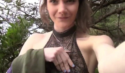 Skinny teen slut masturbates in woods