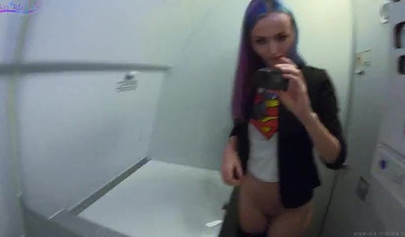 Horny amateur slut with big tits masturbates in airplane