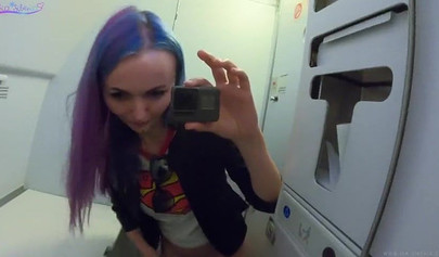 Horny amateur slut with big tits masturbates in airplane