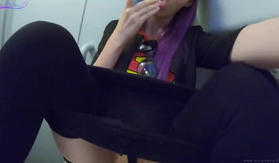 Horny amateur slut with big tits masturbates in airplane