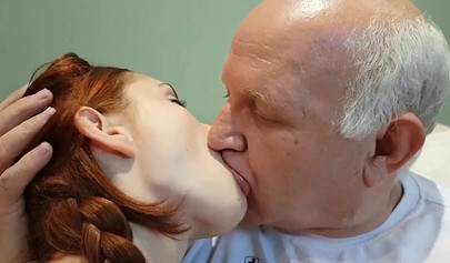 Dirty teen give her grandpa a french kiss