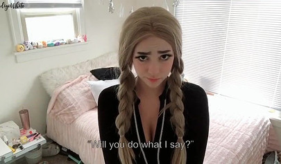 Busty blonde cosplay chick Indigo White plays with big fake cock