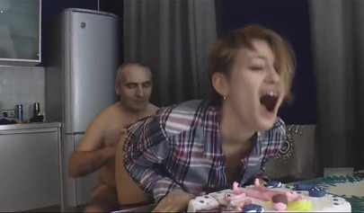 Cute teens fucking with new daddy while mom isn't home