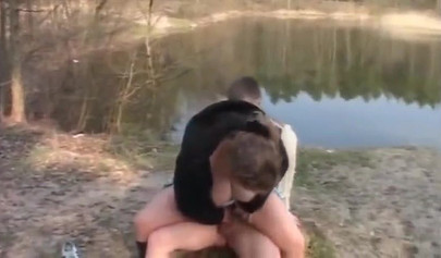 Teen boy fucks busty MILF outdoors