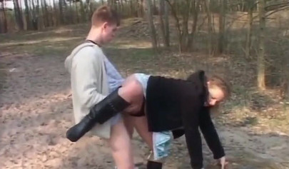 Teen boy fucks busty MILF outdoors