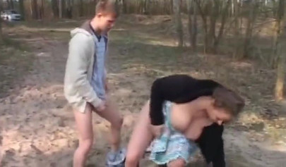 Teen boy fucks busty MILF outdoors