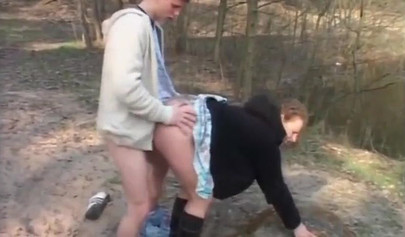 Teen boy fucks busty MILF outdoors