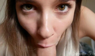 Big titted babe sucks cock in POV