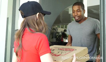 Riley Reid delivers pizza and gets several black and white sausages in her ass