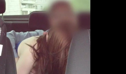 Amateur busty teen gives blowjob on the backseat