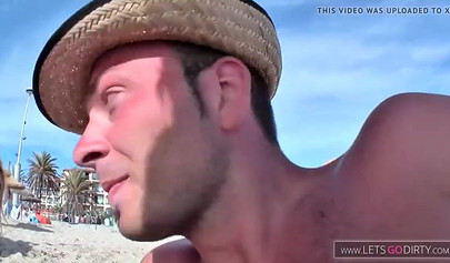 Guy picks up two hot babes on nudist beach and fucks them hard