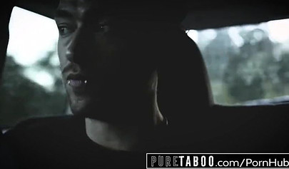 Blonde teen Haley Reed teasing two guys for a DP threesome