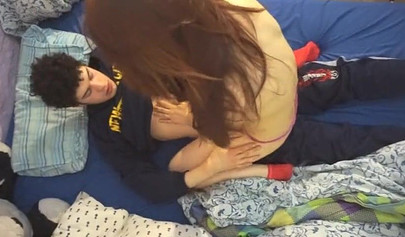 Amateur redhead teen wakes up with cock in her mouth