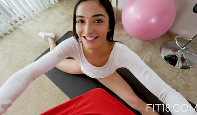 Flexible young Latina Emily Willis sucks and fucks on yoga class