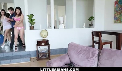 Petite Asian girl goes in nasty threesome with her mom and friend