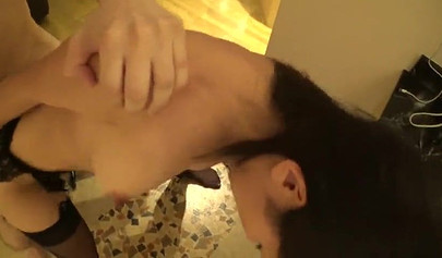 Nasty Asian chick in lingerie fucked all over the house