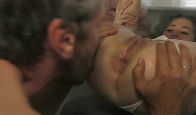 Brunette slut Riley Reid teaches sex her daddy's friend with her asshole