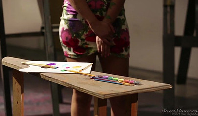 Sexy petite teen gets her hole drilled at art class