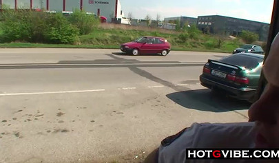 Skinny brunette teen gives her sweet pussy in public