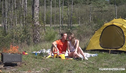 Teen chick and dude fucking like crazy on camping