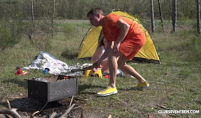 Teen chick and dude fucking like crazy on camping