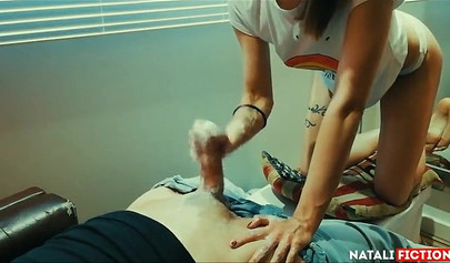 This kinky bitch in rainbow shirt is expert for handjobs