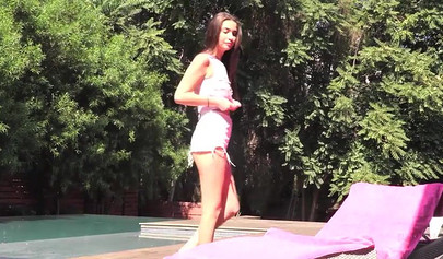 Brunette Olivia Young turns her back and slides that cock inside her