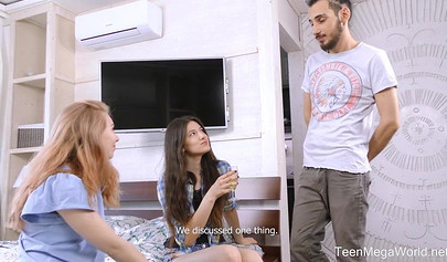 Brunette and redhead hotties share and satisfy this dude