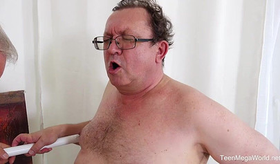 Adorable and petite Natalia Pearl fucked by two old men