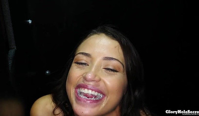 Petite cutie Avi Love pleases many cocks through gloryhole