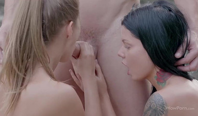 Wonderful girlfriends Sarah Kay & Sofia Like loving public FFM threesome