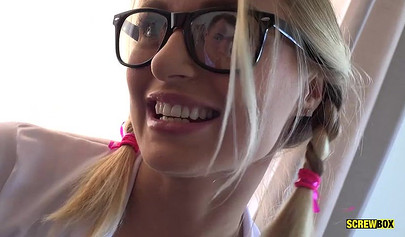 Magical teen Natalia Starr rides her hairy pussy on rich businessman's dick