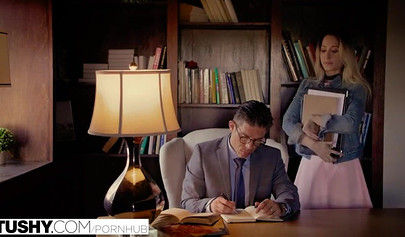 Petite college slut Goldie Rush opens her anal hole to take teacher's big cock