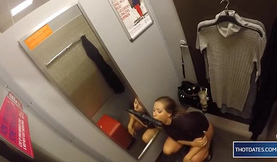 Hot blonde babe sticking her rubber dildo in pussy in dressing room