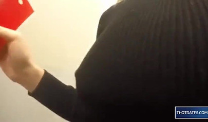 Hot blonde babe sticking her rubber dildo in pussy in dressing room