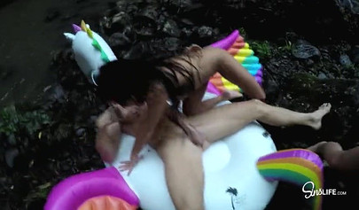 3 naughty pornstars Adriana Chechik, Kissa Sins and Megan Rain fucking Johnny Sins