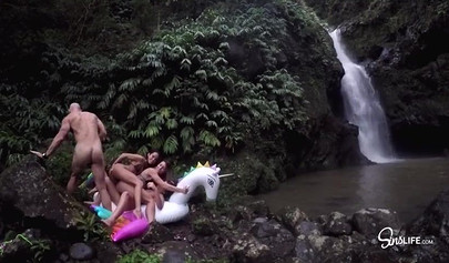 3 naughty pornstars Adriana Chechik, Kissa Sins and Megan Rain fucking Johnny Sins