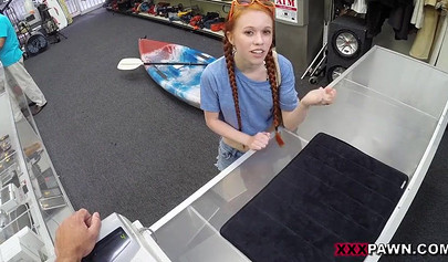 Tiny redhead teen Dolly Little rammed in the back of the shop
