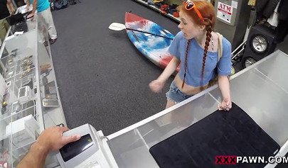 Tiny redhead teen Dolly Little rammed in the back of the shop