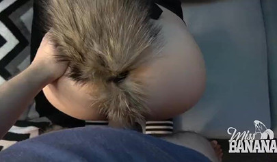 Sexy small titted Miss Banana takes it from her mouth to her pussy