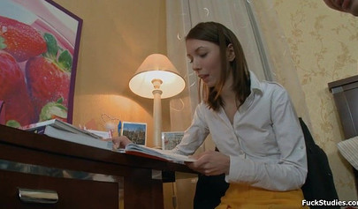 Sweet brunette Russian girl Sandy Summers in hardcore sex action on bed