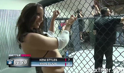 Blonde pornstar Lexi Belle fight and fucks with tattooed Asian guy